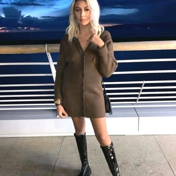 NWT ZARA | Ribbed Cardigan Dress Dark Khaki - Picture 4 of 14